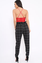 Black Check Paper Bag Tie Waist Cigarette Trousers - Karmen