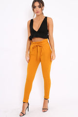 Mustard Paper Bag Tie Waist Cigarette Trousers - Karmen