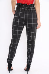 Black Check Paper Bag Tie Waist Cigarette Trousers - Karmen