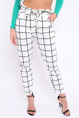 White Check Paper Bag Tie Waist Cigarette Trousers - Karmen