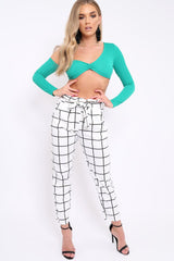 White Check Paper Bag Tie Waist Cigarette Trousers - Karmen