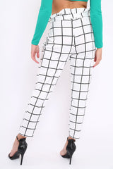 White Check Paper Bag Tie Waist Cigarette Trousers - Karmen