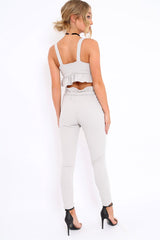 Light Grey Paper Bag Tie Waist Cigarette Trousers - Karmen
