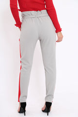 Grey With Red Stripe Paper Bag Tie Waist Cigarette Trousers - Karmen
