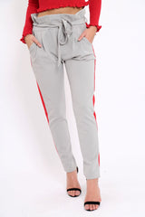 Grey With Red Stripe Paper Bag Tie Waist Cigarette Trousers - Karmen