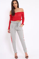 Grey With Red Stripe Paper Bag Tie Waist Cigarette Trousers - Karmen