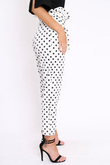 White Polka Dot Paper Bag Tie Waist Cigarette Trousers - Karmen