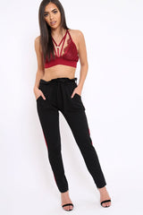Black With Wine Stripe Paper Bag Tie Waist Cigarette Trousers - Karmen
