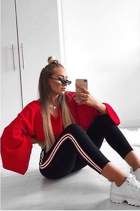 Red Striped Cropped Batwing Jumper with V neck - Karri