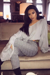 Grey Striped Cropped Batwing Jumper with V neck -Karri