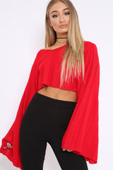 Red Striped Cropped Batwing Jumper with V neck - Karri