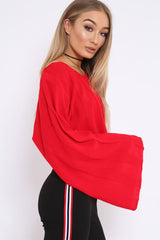 Red Striped Cropped Batwing Jumper with V neck - Karri