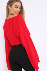 Red Striped Cropped Batwing Jumper with V neck - Karri
