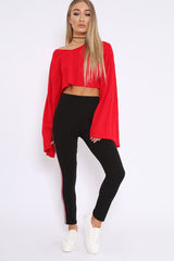 Red Striped Cropped Batwing Jumper with V neck - Karri