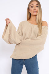 Stone Striped Cropped Batwing Jumper - Karri