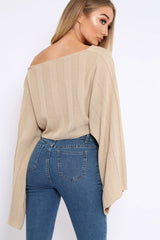 Stone Striped Cropped Batwing Jumper - Karri