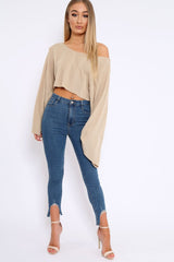Stone Striped Cropped Batwing Jumper - Karri