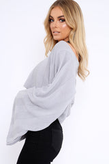 Grey Striped Cropped Batwing Jumper with V neck -Karri