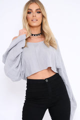 Grey Striped Cropped Batwing Jumper with V neck -Karri