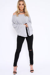 Grey Striped Cropped Batwing Jumper with V neck -Karri