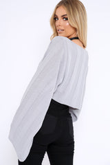 Grey Striped Cropped Batwing Jumper with V neck -Karri