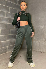 Khaki Side Stripe Split Hem Wide Leg Joggers - Karris