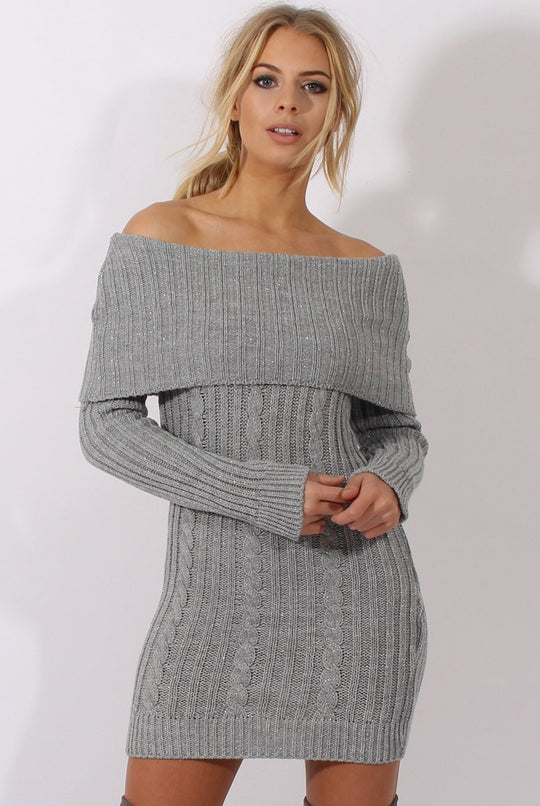Grey Sparkle Knit Bardot Jumper Dress - Kasey