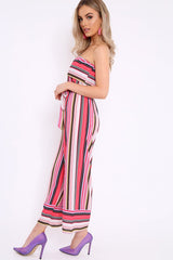 Pink Stripe Bardot Stripe Ruffle Jumpsuit - Kashia