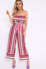Pink Stripe Bardot Stripe Ruffle Jumpsuit - Kashia