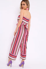 Pink Stripe Bardot Stripe Ruffle Jumpsuit - Kashia
