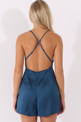Navy Satin Cowl Neck Playsuit - Kasia