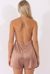Nude Satin Cowl Neck Playsuit - Kasia