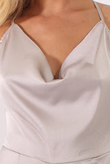 Silver Satin Cowl Neck Playsuit - Kasia