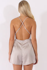 Silver Satin Cowl Neck Playsuit - Kasia