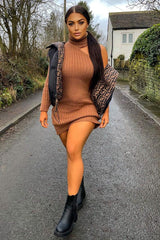 Camel One Shoulder High Neck Knit Mini Dress - Elien