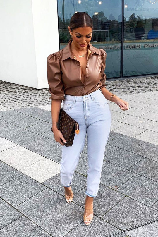 Camel PU leather 3/4 Puff Sleeve Shirt - Pyper