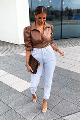 Camel PU leather 3/4 Puff Sleeve Shirt - Pyper