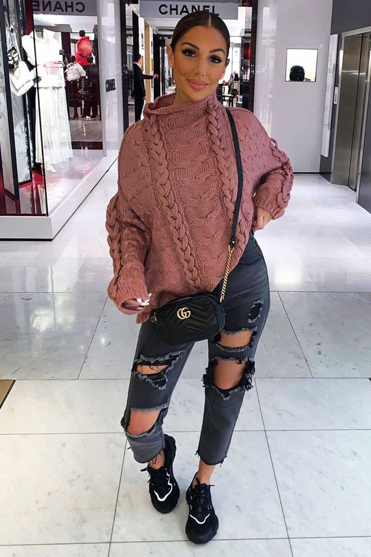 Mauve Cable Knit High Neck Oversized Jumper - Kiyla
