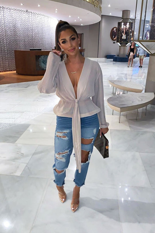 Nude Extreme Plunge Structured Peplum Pleated Top - Ivy