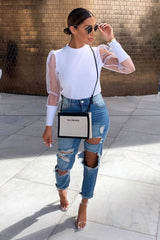 White Ribbed Sheer Puff Sleeve Top - Orly