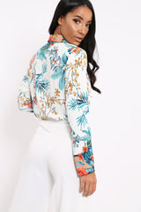 Floral Button Down Blouse with Beige Contrast - Katherine