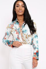 Floral Button Down Blouse with Beige Contrast - Katherine