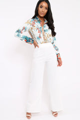 Floral Button Down Blouse with Beige Contrast - Katherine