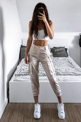 Nude Satin Utility Pocket Cuffed Hem Trousers - Delilah