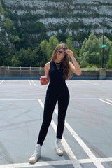 Black Ribbed Racer Neckline Jumpsuit - Kila