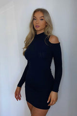 Black Ribbed High Neck Shoulder Cut Out Mini Dress - Carola
