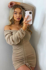 Stone Ribbed Ruched Centre Mini Dress - Nahlia