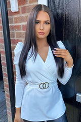 White Plunging Double Circle Belt Puff Shoulder Blouse - Catia