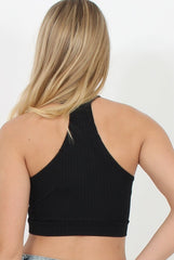 Black Ribbed High Neck Split Front Crop Top - Katla