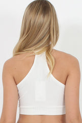 White Ribbed High Neck Split Front Crop Top - Katla